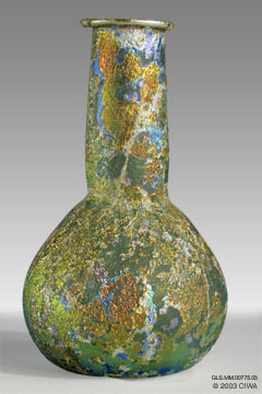 Iridescent glass flask, Roman, 1-200 AD