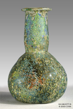 Iridescent glass flask, Roman, 1-200 AD