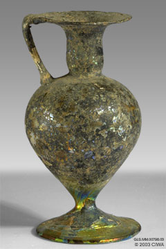 Glass flask, tooled stemmed foot