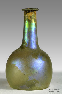 Iridescent glass flask, Palestine, 40 BC-30 AD