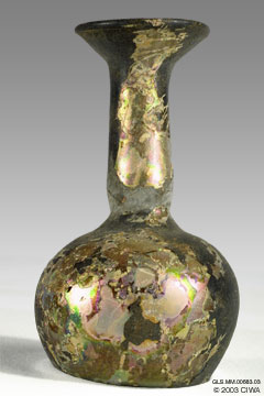 Iridescent glass flask, Syria, 300-400 AD