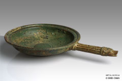 Bronze dish, wolf-head handle, Roman